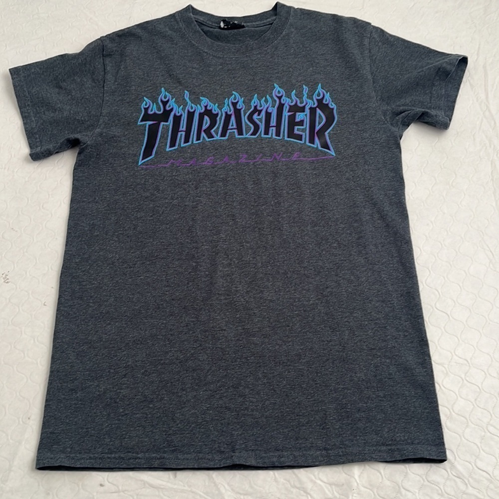 Thrasher gray heather blue purple black logo cotton short sleeve t-shirt
